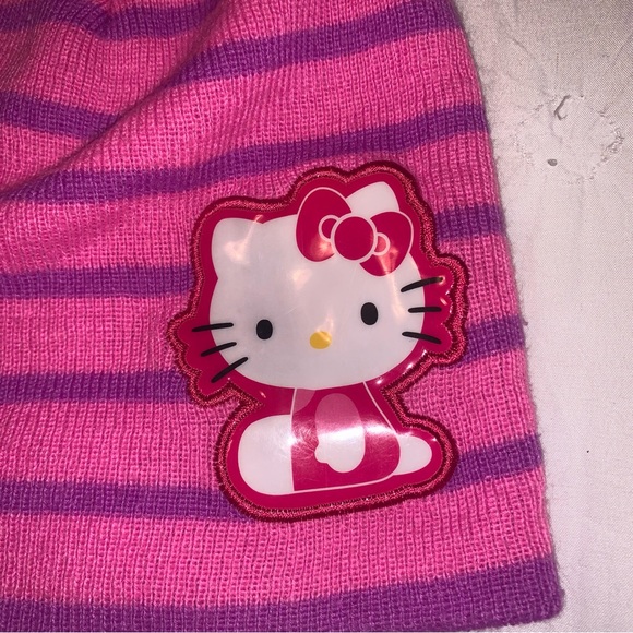 Hello Kitty beanie stripe knit kids cap hat OS pink purple winter vintage y2k - Picture 4 of 9
